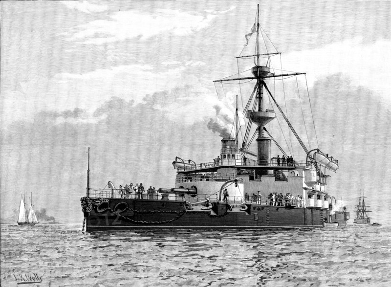 H.M.S. Trafalgar, steel armoured twin-screw turret-ship...armed with four 67-ton guns, 1890. Creator: Unknown.