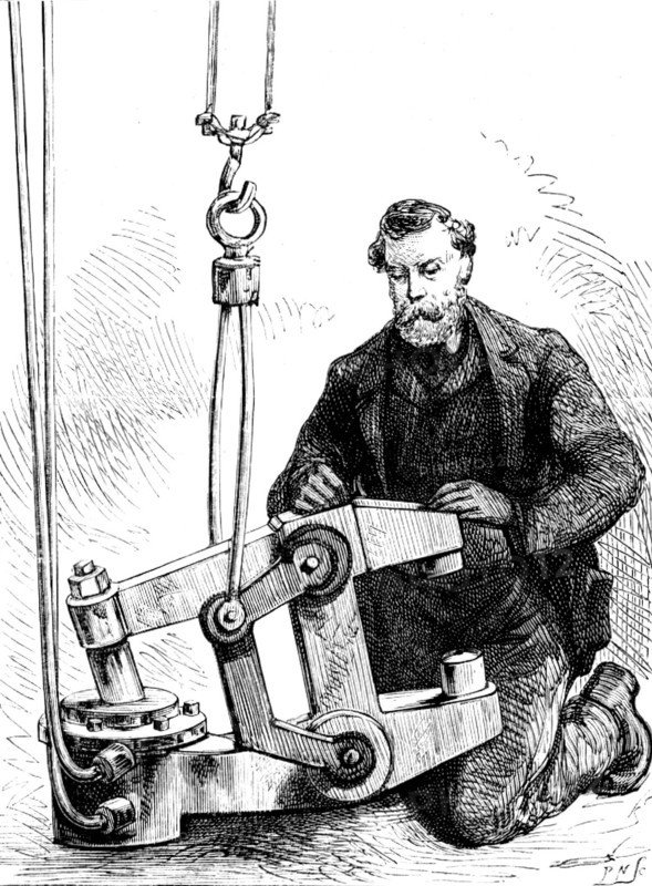The Forth Bridge: hydraulic riveting machine...[used] by the Prince of Wales, 1890. Creator: P Naumann.