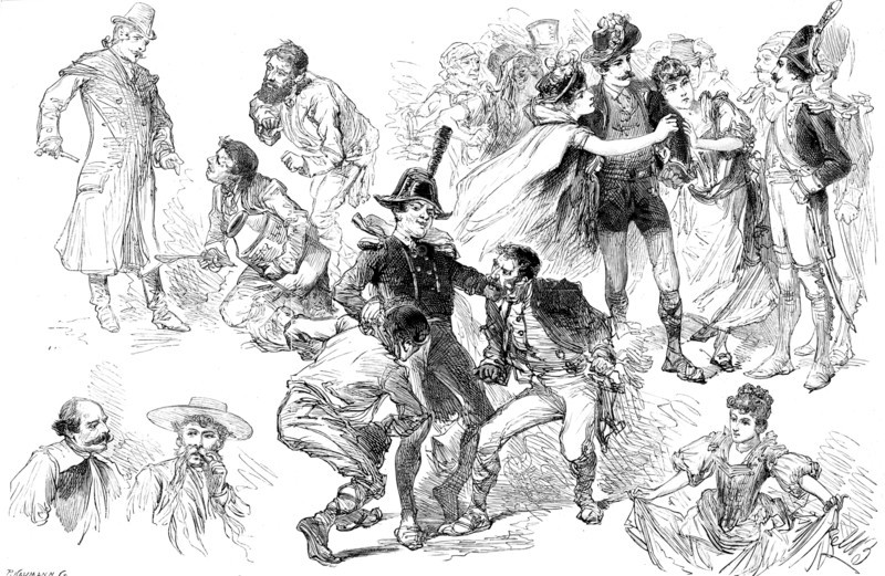 The Guards’ Burlesque, "Fra Diavolo," at the Theatre, Chelsea Barracks, 1890. Creator: P Naumann.