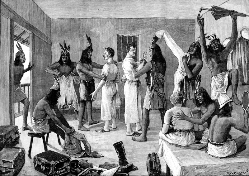 Sketches in Formosa: the savages feel our muscle, 1890. Creator: P Naumann.