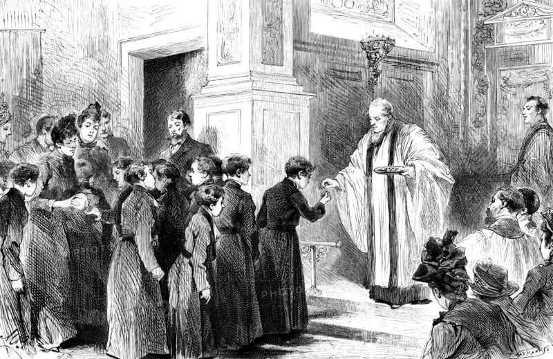 Curious Easter custom at a City church, Allhallows...gifts to Christ's Hospital boys, 1890. Creator: P Naumann.