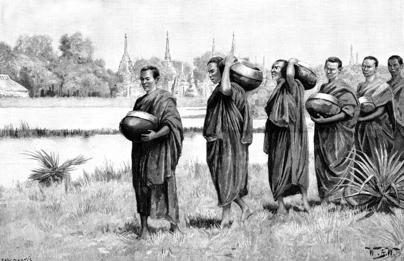 Sketches in Burmah: Buddhist monastery - Phoongyees...with alms begged for their morning meal, 1890. Creator: P Naumann.