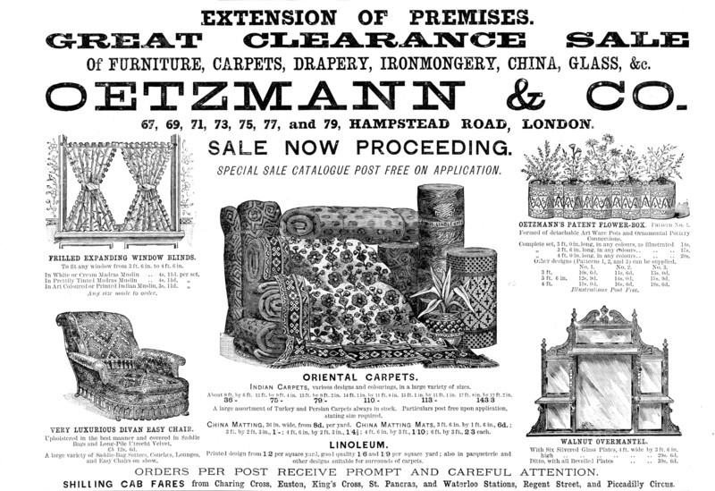 Advertisement for Oetzmann & Co. Great Clearance Sale, 1890. Creator: Unknown.