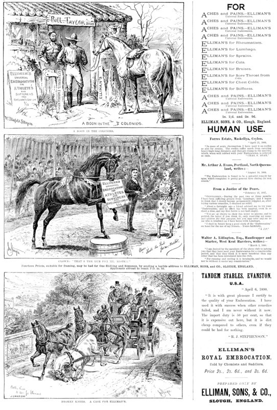 Advertisements for Elliman’s Universal Embrocation, 1890. Creator: William Stanfield Sturgess.