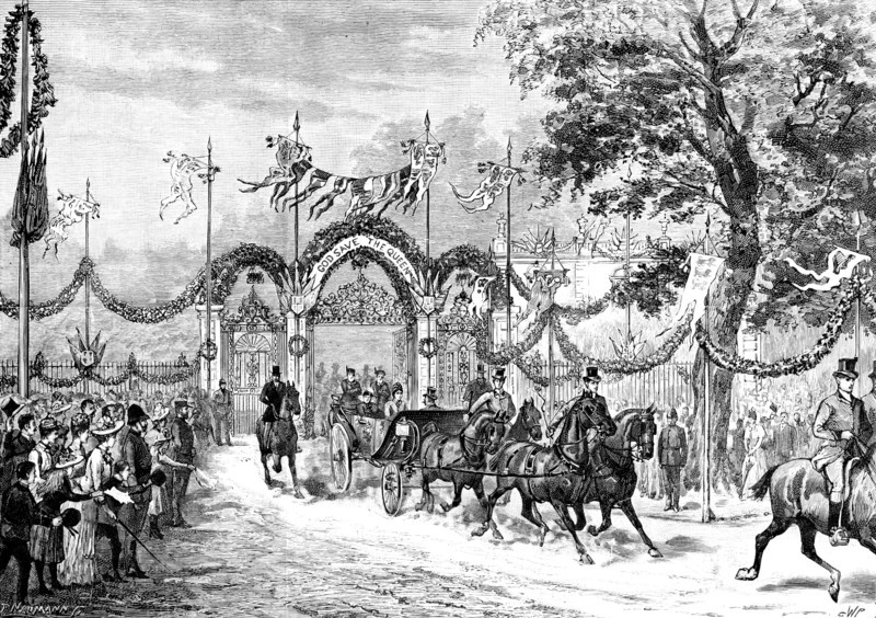 The Queen leaving Waddesdon Manor, 1890. Creator: P Naumann.