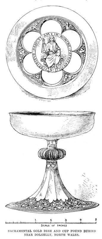 Sacramental gold dish and cup found buried near Dolgelly, North Wales, 1890. Creator: Unknown.
