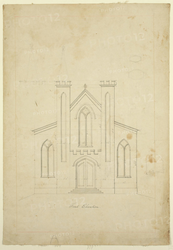 Front Elevation Drawing for St. Luke's Episcopal Church, Catskill, New York, between 1839 and 1840. Creator: Thomas Cole.