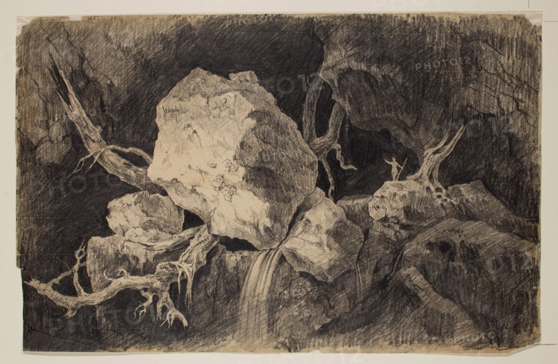 Hunter Standing in Cave near Rock and Waterfall, c1828. Creator: Thomas Cole.