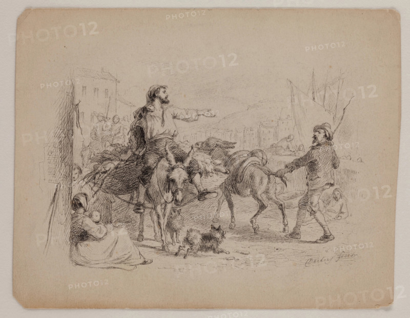 Three Figures, Two Donkeys, Two Dogs, late 19th century. Creator: Felix Octavius Carr Darley.
