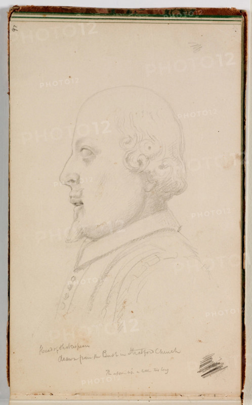 Head of Shakespeare, Drawn from the Bust in Stratford Church, Warwickshire, England, 1841. Creator: Thomas Cole.
