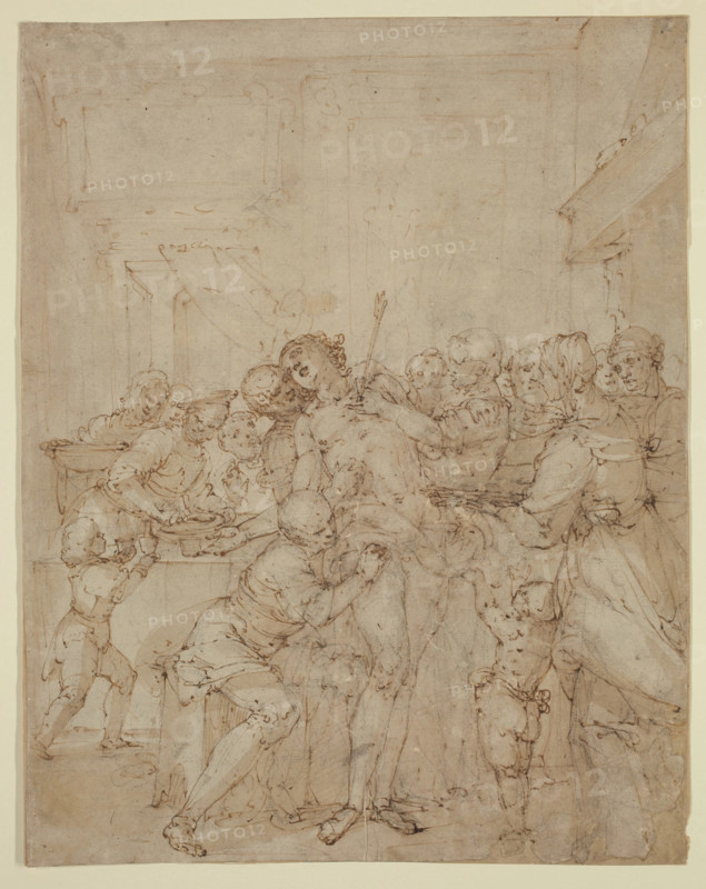 St. Sebastian Ministered to by Saint Irene and Attendants, between 1630 and 1639. Creator: Giulio Benso.