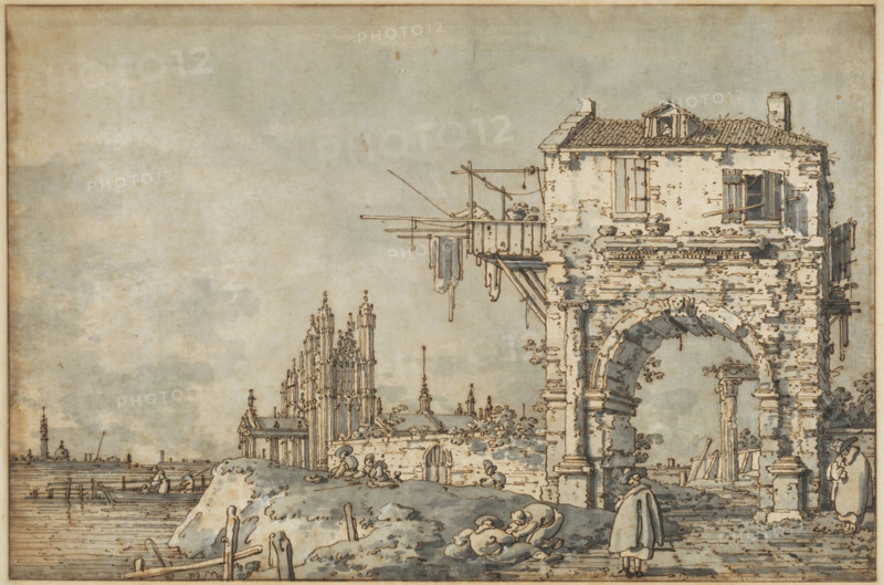 An Imaginary View with a Triumphal Arch, c1755. Creator: Canaletto.