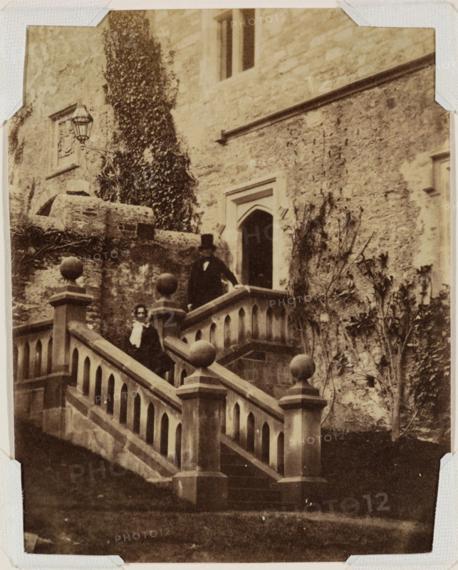 Man and Woman Standing on Exterior Stairs, c1870. Creator: Francis Edmund Currey.