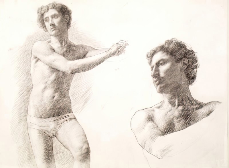 Figure Study and Head of Same, 1879. Creator: William Strang.