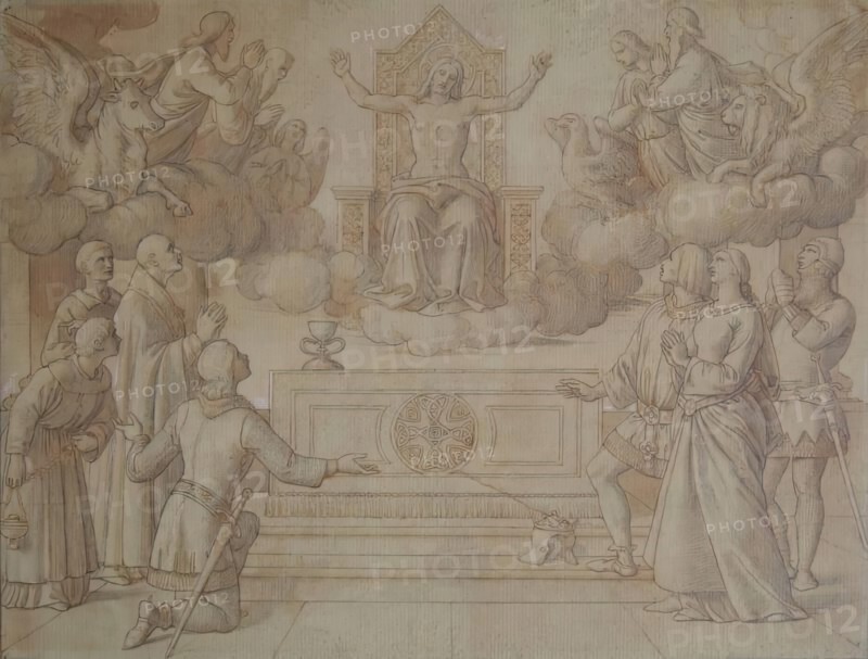 The Vision of Sir Galahad and his Company - Sketch for "Religion" in the House of Lords, c1850. Creator: William Dyce.