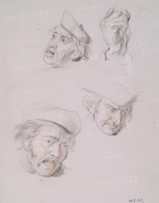 Studies of Three Male Heads and One Hand, 1825-1849. Creator: William Allan.
