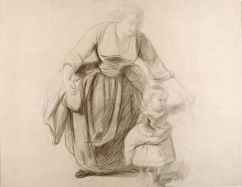 Mother and Child-Study for "A Highland Interior" and verso Sketch for a Composition, 1855. Creator: John Phillip.