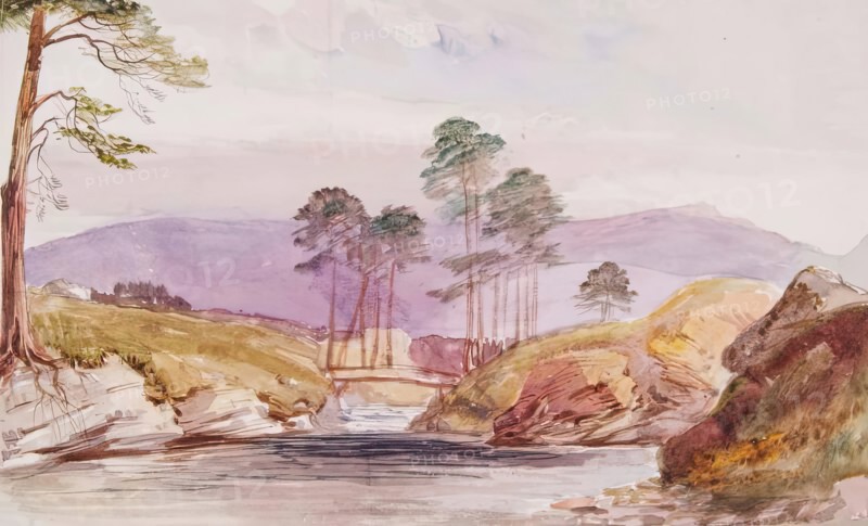 Landscape-Trees, Pond and Hills, c1840s. Creator: John Phillip.