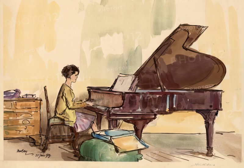 Girl Playing a Piano. Creator: Urushibara Mokuchu.