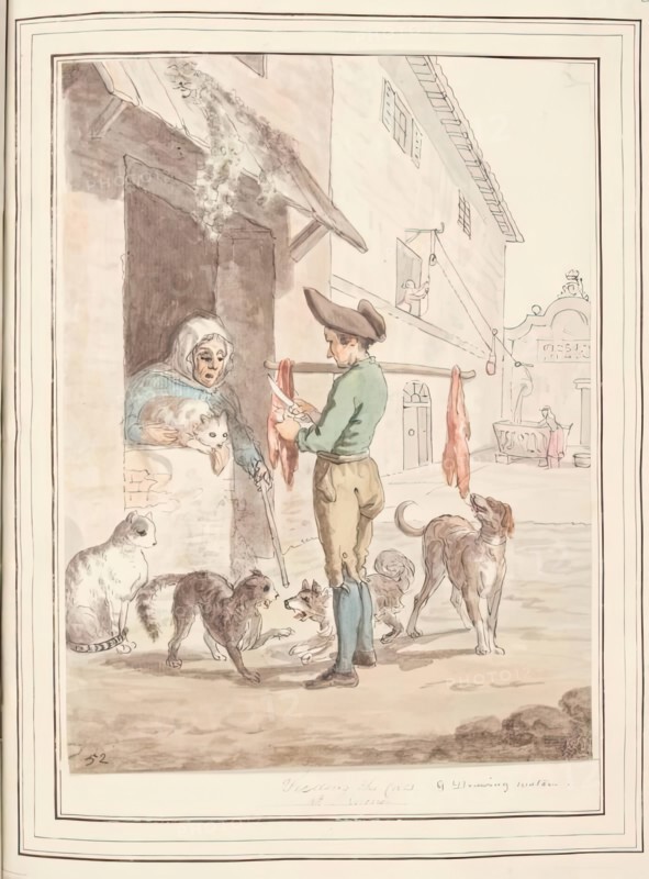 Feeding the Cats at Rome, leaf from 'A Collection of Dresses by David Allan Mostly from Nature',1776 Creator: David Allan.