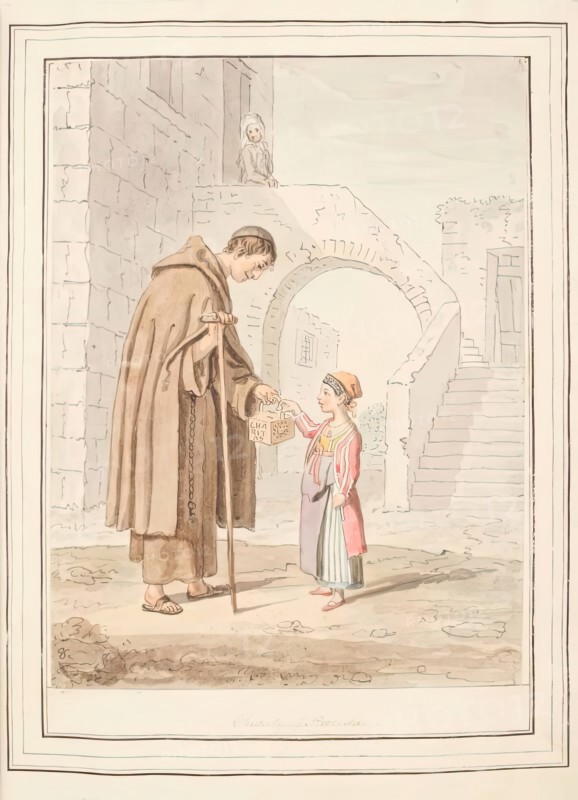 Charity of Procida, leaf from 'A Collection of Dresses by David Allan Mostly from Nature', 1776. Creator: David Allan.