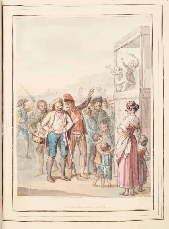 Puppet Show at Naples, leaf from 'A Collection of Dresses by David Allan Mostly from Nature', 1776. Creator: David Allan.