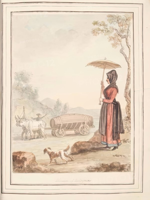 Woman of Bologna, leaf from 'A Collection of Dresses by David Allan Mostly from Nature', 1776. Creator: David Allan.