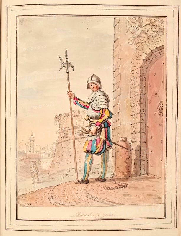 Pope's Swiss Guard, leaf from 'A Collection of Dresses by David Allan Mostly from Nature', 1776. Creator: David Allan.
