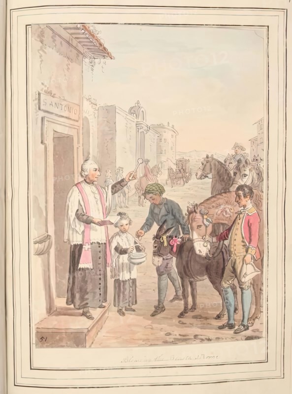 Blessing the Beasts at Rome, leaf from 'A Collection of Dresses by David Allan Mostly..., 1776. Creator: David Allan.