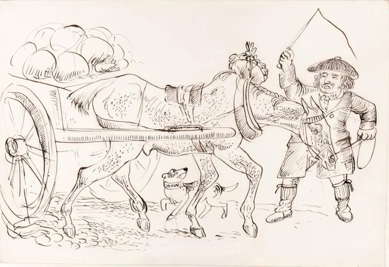 A man pulling a horse-drawn cart, 1825-1839. Creator: James Howe.