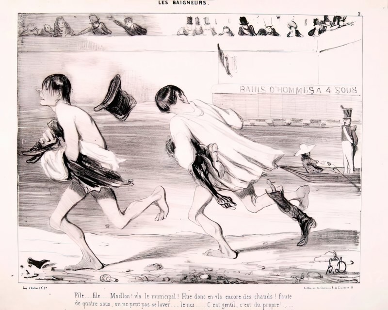 Les Baigneurs. File... File... Moellon! v. le Municipal..., 1839. Creator: Honore Daumier.