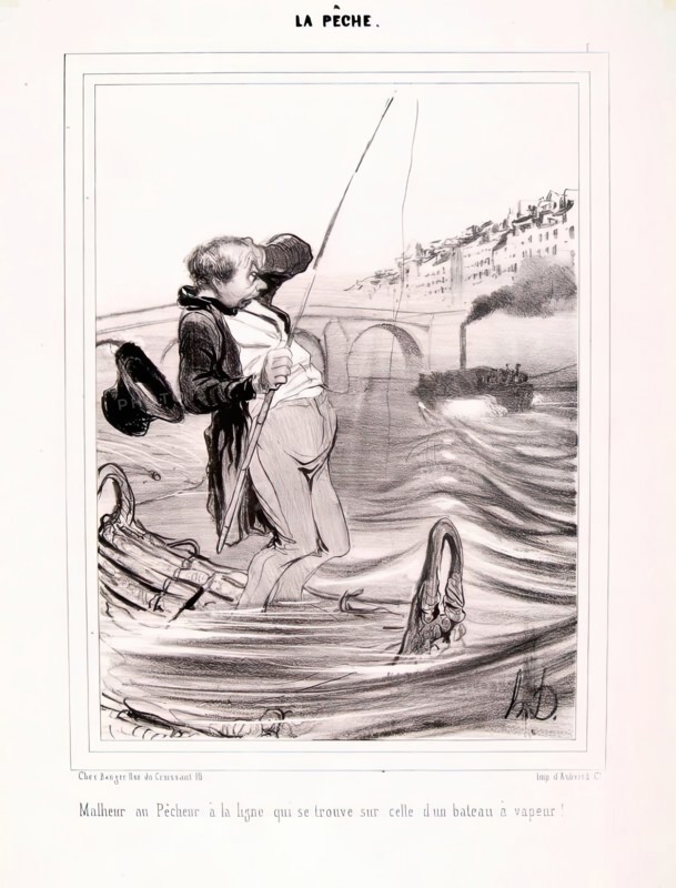La Pêche. Malheur au Pêcheur à la ligne...1840. Creator: Honore Daumier.