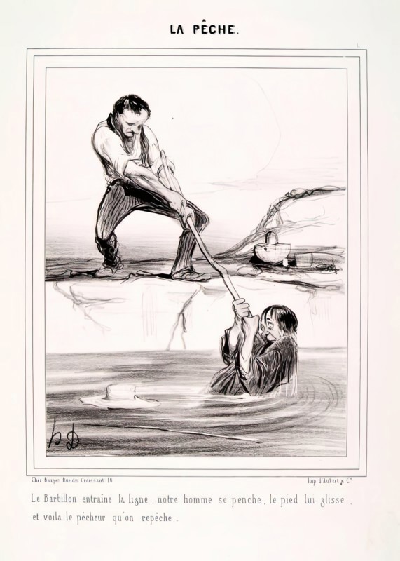 La Pêche. Le Barbillon entraine la ligne.., 1840. Creator: Honore Daumier.