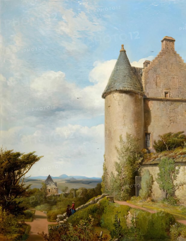 On the Terrace, Barra Castle, Aberdeenshire, 1854. Creator: James Cassie.