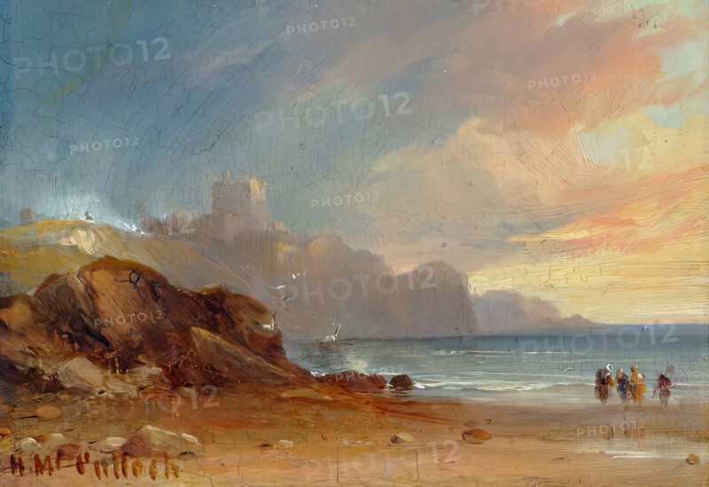 Seascape with Castle and Figures, 1850. Creator: Horatio McCulloch.