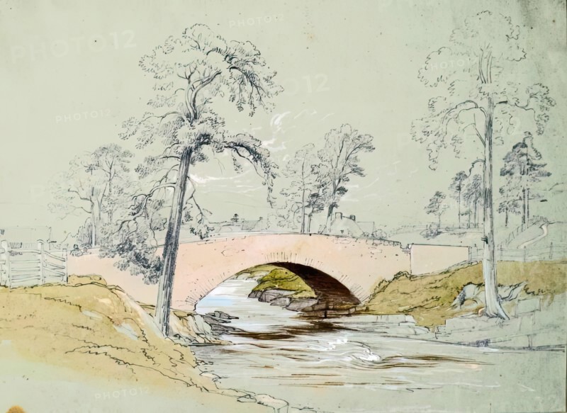 Bridge over River - Rooftops Beyond, c1845. Creator: John Phillip.