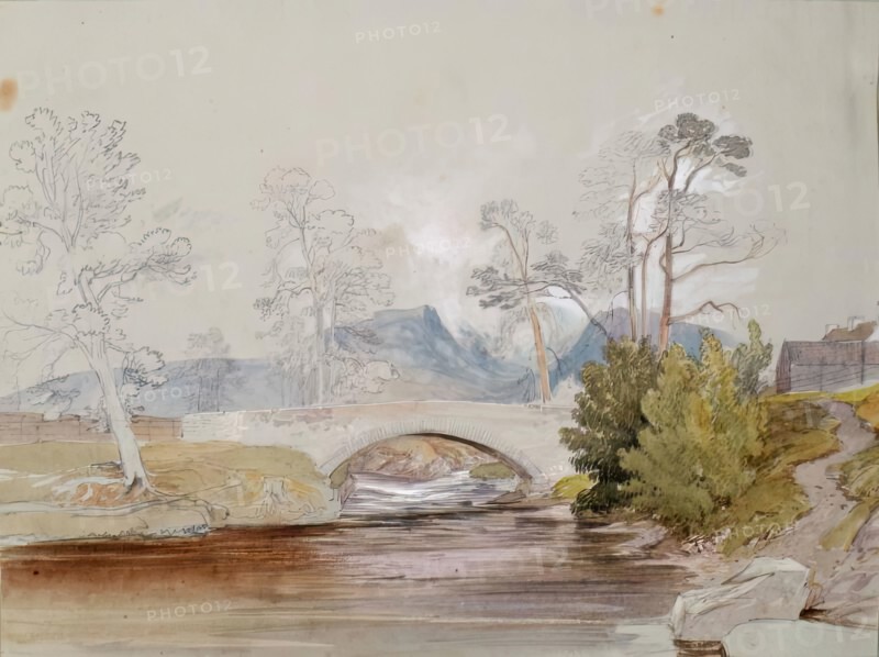 Bridge over River with Mountains Beyond, c1850s. Creator: John Phillip.