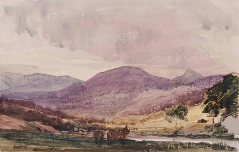 Landscape of Hills, Cottage and Two Horses, c1840s. Creator: John Phillip.