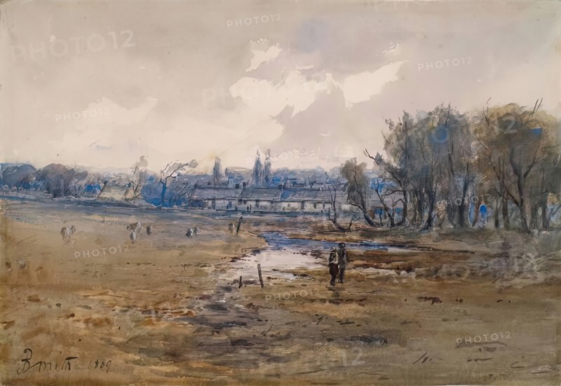Landscape with Cottages and Figures, 1869. Creator: B Smith.