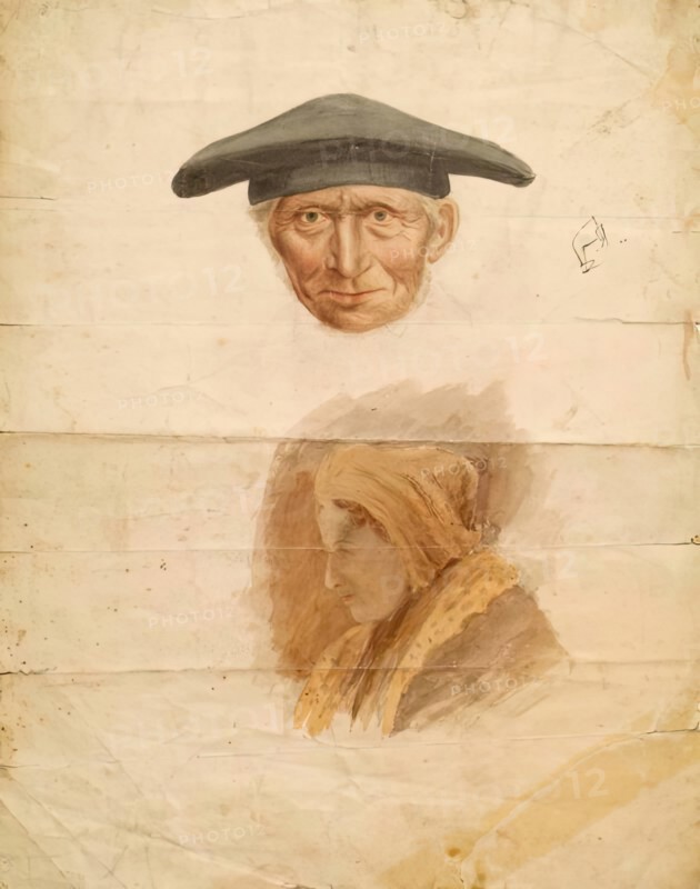 Head of an Old Man and Head of a Woman, c1840-1867. Creator: John Phillip.