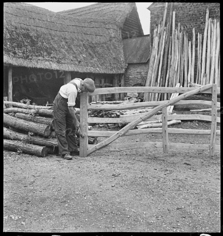 Man making a field gate in the village of Aston, Cote, Shifford and Chimney, Oxfordshire, 1930-50. Creator: George R Long.