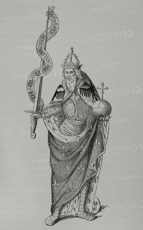 Charlemagne holding the globus cruciger in one hand and the sword in the other, 1878.  Creator: Unknown.
