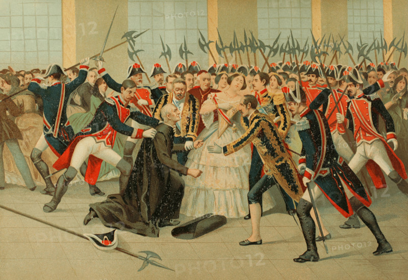 Regicide attempt by the priest Martín Merino Gómez against Queen Isabella II on 2 Feb 1852 (1893). Creator: Unknown.