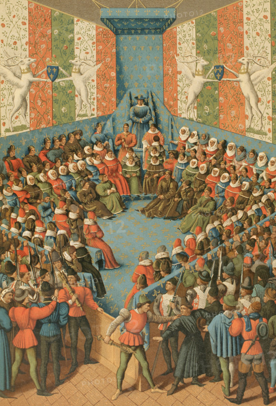 Charles VII presiding over the judgment of John II of Alençon at the Château de Vendome 1458 (1877). Creator: Unknown.