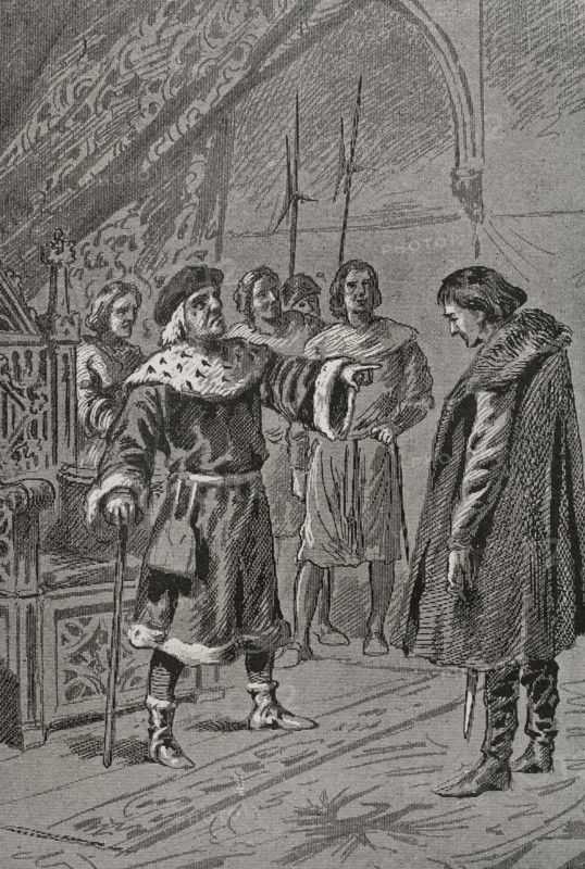 Prince Charles of Viana before his father, King John II of Aragon, in Lérida (Lleida), 1460 (1890).  Creator: Unknown.
