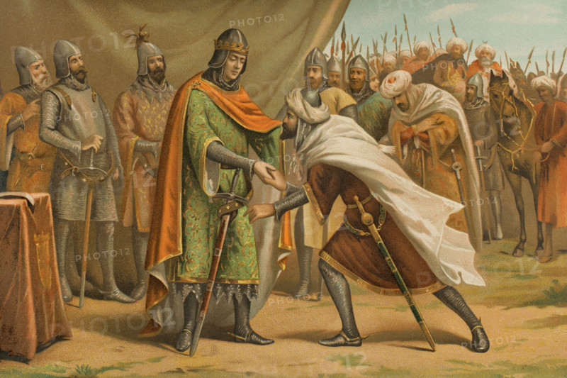 Muhammad I (1194-1273) kissing the hand of the King of Castile, March 1246, (1890).  Creator: Unknown.