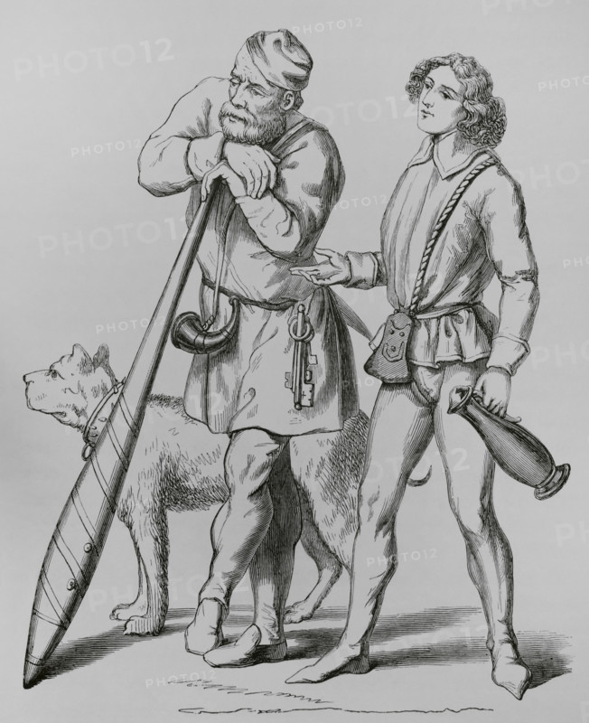 English gatekeeper, his dog, (1480), and a cupbearer, (1475), 15th century (1878).  Creator: Unknown.
