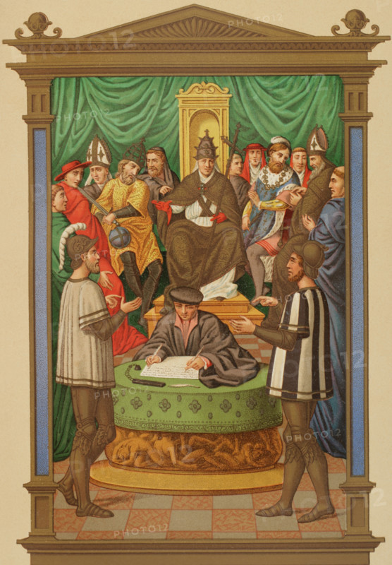 Dispute between two knights about the Immaculate Conception, in a tournament...16th cent (1877). Creator: Unknown.