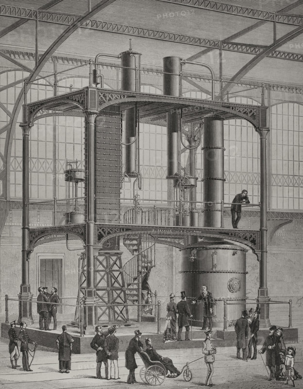 Universal Exhibition of Paris: Distillation machinery installed in the Galerie des machines, 1878.  Creator: Unknown.