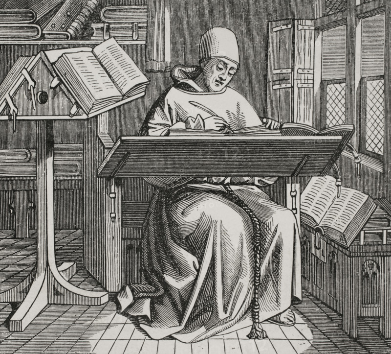 Scribe or copyist, surrounded by open books, working at his desk, 15th century, (1877).  Creator: Unknown.